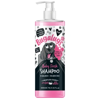 Flasche Bugalugs Baby Fresh Shampoo, 500 ml, mit einem Cartoon-Hund, mit dem Text 'PH-Balanciert - Parabenfrei' und 'Vegan'.