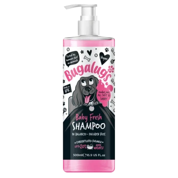 Flasche Bugalugs Baby Fresh Shampoo, 500 ml, mit einem Cartoon-Hund, mit dem Text 'PH-Balanciert - Parabenfrei' und 'Vegan'.