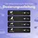 Dosierungsanleitung für Hunde nach Gewicht: 1-10 kg halber Messlöffel/Tag, 10-20 kg 1 Messlöffel/Tag, 20-30 kg 1,5-2 Messlöffel/Tag.