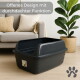 Dunkelgraue, offen gestaltete Katzentoilette auf Holzboden neben Sofa und Pflanze; eingeblendeter Text: 'Offenes Design mit durchdachter Funktion'.