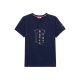 Navy-blaues T-Shirt mit einem funkelnden Strasslogo in der Mitte, mit kurzen Ärmeln und rundem Ausschnitt.