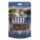 Opakowanie karmy dla zwierząt "GOODY" z przysmakami z mięsa konia bez zbóż, na tle psów bawiących się w wodzie z górami i drzewami.