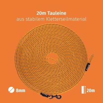 20m orangefarbene Kletterseileine, 8mm dick, auf einem orangefarbenen Hintergrund gewickelt mit Text, der Länge und Material angibt.