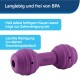 Langlebiges, BPA-freies Hundespielzeug in lila Form eines Hantelgewichts, mit Text über Kauen und Reinigung im Geschirrspüler.