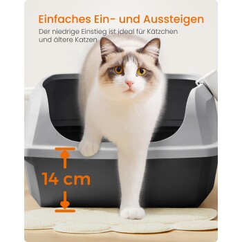 Katze steigt aus einer grauen Katzentoilette mit 14 cm niedrigem Einstieg, Text auf Deutsch über einfachen Zugang für Kätzchen und ältere Katzen.