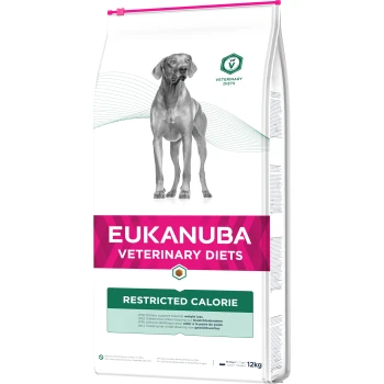 Eukanuba Veterinärdiäten Beutel mit einer grauen Hundesilhouette, beschriftet "RESTRICTED CALORIE" mit diätetischer Unterstützung für Gewichtsverlust.