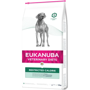 Worek Eukanuba Veterinary Diets z szarym sylwetką psa, oznaczony jako "RESTRICTED CALORIE" z wsparciem dietetycznym dla utraty wagi.