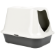 Une litière pour chat moderne et couverte avec un dessus blanc et une base gris foncé, comportant une entrée latérale et des trous de ventilation.