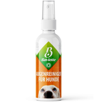 Sprühflasche mit der Aufschrift "Baviette" und "AUGENREINIGER FÜR HUNDE", grünem Logo, orangefarbenem Etikett und Hundegesicht.