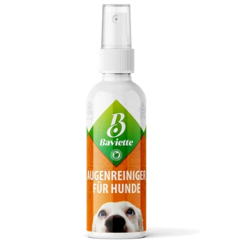 Sprühflasche mit der Aufschrift "Baviette" und "AUGENREINIGER FÜR HUNDE", grünem Logo, orangefarbenem Etikett und Hundegesicht.