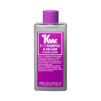 Flasche KW 2 in 1 Shampoo & Balsam für Hunde und Katzen, mit einem lila Etikett mit Produktdetails auf Dänisch.