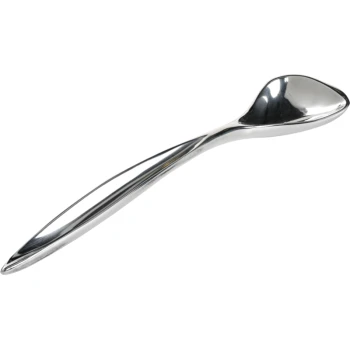 Aluminium Can Spoon A shiny, stainless steel pet food scoop with a sleek, elongated handle and a deep, rounded bowl.