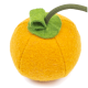 Ein plüschiger orangefarbener Kürbis-Haustier-Spielzeug mit einem grünen Filzblatt und einem Stoffstiel, entworfen für verspielte Haustiere.