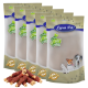 Fünf Tüten Lyra Pet natürliche Hundeleckerlis, mit einem Stapel Fleischstangen vorne, mit einem Premium-Qualitätssiegel und Tierbildern.