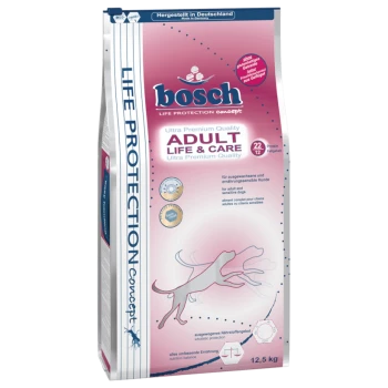 Bosch Life Protection Konzept Hundefuttertasche, 12,5 kg, beschriftet mit "Ultra Premium Qualität ADULT LIFE & CARE," mit einer Silhouette eines Hundes.