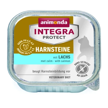 Verpackung für Hundefutter "animonda INTEGRA PROTECT HARNSTEINE mit LACHS", mit Lachs und dem Anspruch, Harnsteine zu verhindern.