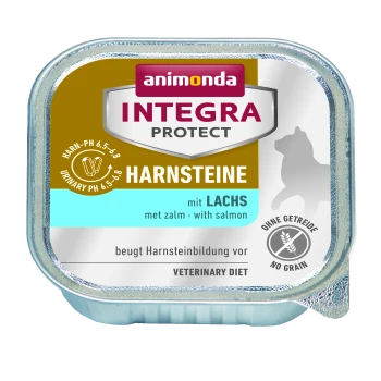 Opakowanie mokrej karmy dla psów "animonda INTEGRA PROTECT HARNSTEINE mit LACHS", zawierające łososia i zapewniające zapobieganie kamieniom moczowym.