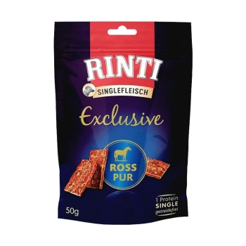 Emballage de friandises pour animaux Rinti Exclusive présentant des bandes de viande rouge, étiqueté "ROSS PUR", avec un poids de 50g et le texte "1 Protein SINGLE".