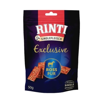 Rinti Exclusive Haustier-Leckerli-Packung mit roten Fleischstreifen, beschriftet "ROSS PUR", mit einem Gewicht von 50g und dem Text "1 Protein SINGLE".