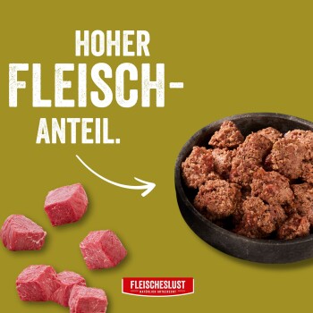Schüssel mit stückigem Hackfleisch und rohen Rindfleischwürfeln mit dem Text 'HOHER FLEISCH-ANTEIL.' und Markenlogo 'FLEISCHESLUST'.