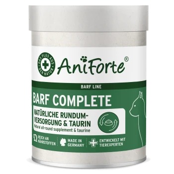 AniForte BARF Complete Ergänzungsbehälter, mit einem grünen und weißen Design, mit Text, der natürliche Zutaten und Taurin hervorhebt.