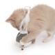 Un chaton orange clair et joueur interagit avec un jouet blanc avec une plume, tout en tapotant un petit morceau de nourriture pour chat sur une surface blanche.