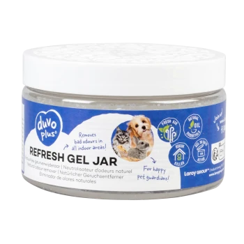 Klares Gelglas mit der Aufschrift "duvo plus REFRESH GEL JAR", entworfen zur Beseitigung von schlechten Gerüchen in Innenräumen, mit Bildern von einem Hund und einer Katze.