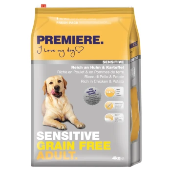 Sensitive Grain Free Adult Huhn 4 kg 4 kg Sack PREMIERE Hundefutter mit einem lächelnden gelben Labrador. Beschriftet mit "SENSITIVE GRAIN FREE ADULT," reich an Huhn und Kartoffeln.