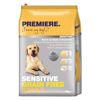 4 kg Sack PREMIERE Hundefutter mit einem lächelnden gelben Labrador. Beschriftet mit "SENSITIVE GRAIN FREE ADULT," reich an Huhn und Kartoffeln.