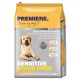 4 kg Sack PREMIERE Hundefutter mit einem lächelnden gelben Labrador. Beschriftet mit "SENSITIVE GRAIN FREE ADULT," reich an Huhn und Kartoffeln.