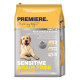 4 kg Sack PREMIERE Hundefutter mit einem lächelnden gelben Labrador. Beschriftet mit "SENSITIVE GRAIN FREE ADULT," reich an Huhn und Kartoffeln.