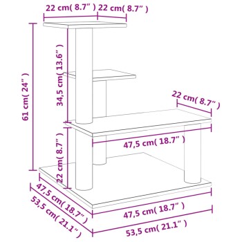 Illustration der Abmessungen des Katzenbaums mit beschrifteten Maßen: Höhe 61 cm (24"), oberstes Regal 22 cm (8,7"), mittleres Regal 34,5 cm (13,6").