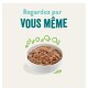 Bol de nourriture pour animaux de compagnie avec un mélange texturé de viande et de légumes, accompagné du texte "Regardez par VOUS MÊME" au-dessus.
