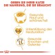 Bild zur Förderung der Katzenernährung: "Geben Sie Ihrer Katze die Nahrung, die sie braucht." Icons für Haut-, Herz- und Knochengesundheit.