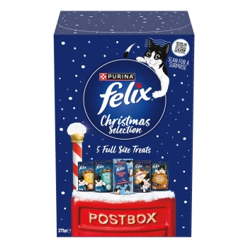 Purina Felix Christmas Selection cat treats box with 5 full-size treats, a black and white cat, and a red postbox design.