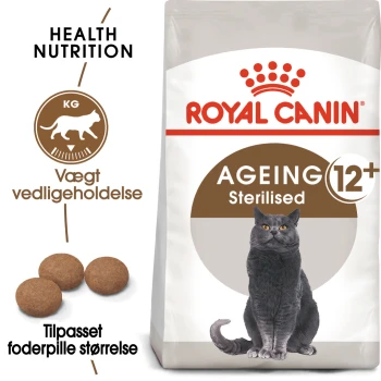 Royal Canin Ageing 12+ Sterilised Katzenfutterbeutel mit einer grauen Katze, mit Text, der gesunde Ernährung und Gewichtserhaltung hervorhebt.