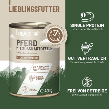 Dose Hundefutter mit der Aufschrift "Pferd mit Süßkartoffeln", die wichtige Vorteile zeigt: einzelnes Protein, magenfreundlich, getreidefrei.
