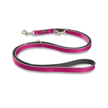 Pink-graue gepolsterte Hundeleine mit Metallclips und einem "Wolters"-Etikett auf weißem Hintergrund.