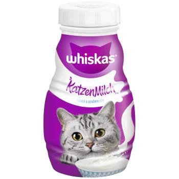 Katzenmilch 6x200ml Whiskas KatzenMilch-Flasche mit einer grauen getigerten Katze mit großen Augen, beschriftet mit "Lecker & bekömmlich" auf einem lila Hintergrund.