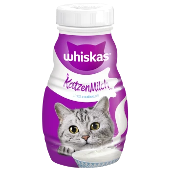 Whiskas KatzenMilch-Flasche mit einer grauen getigerten Katze mit großen Augen, beschriftet mit "Lecker & bekömmlich" auf einem lila Hintergrund.