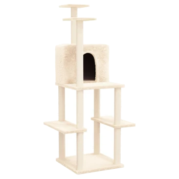 Ein hoher, cremefarbener Katzenbaum mit mehreren Plattformen, einem gemütlichen Versteck und Kratzpfosten.