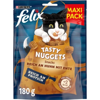 Bunte Verpackung von Purina Felix Tasty Nuggets Katzensnacks mit einer verspielten schwarz-weißen Katze und Text, der Geschmäcker und Gewicht hervorhebt.
