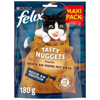 Kolorowe opakowanie przysmaków dla kotów Purina Felix Tasty Nuggets z zabawnym czarno-białym kotem i tekstem podkreślającym smaki i wagę.