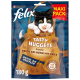 Kolorowe opakowanie przysmaków dla kotów Purina Felix Tasty Nuggets z zabawnym czarno-białym kotem i tekstem podkreślającym smaki i wagę.
