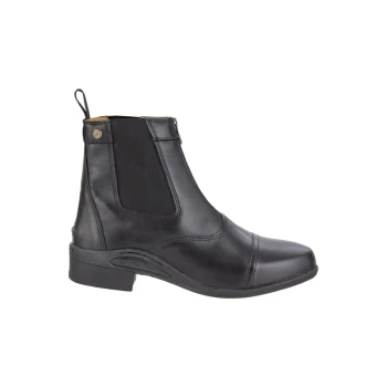 Schwarze Reiter-Stiefelette mit elastischen Seitenpaneelen und einem Reißverschluss, mit niedrigem Absatz und glattem Lederfinish.