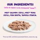Plate of shredded salmon and tuna wet pet food; text: "OUR INGREDIENTS: MSC* SALMON (30%), MSC* TUNA (30%)"