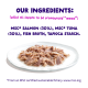Plate of shredded salmon and tuna wet pet food; text: "OUR INGREDIENTS: MSC* SALMON (30%), MSC* TUNA (30%)"