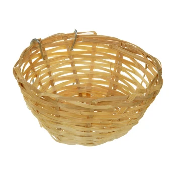 Bamboo canary nest 1 A round, woven bamboo pet basket with metal hooks, ideal for pet storage or carrying.