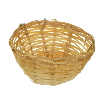 A round, woven bamboo pet basket with metal hooks, ideal for pet storage or carrying.
