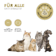 Das Bild zeigt verschiedene Katzenrassen vor einem schwarzen Hintergrund und enthält Informationen zu Fütterungshinweisen für Kätzchen und tragende Katzen.